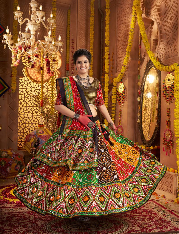 Multicolor Lehenga with Maroon Choli & Dupatta in Organic Cotton – Aari & Foil Work