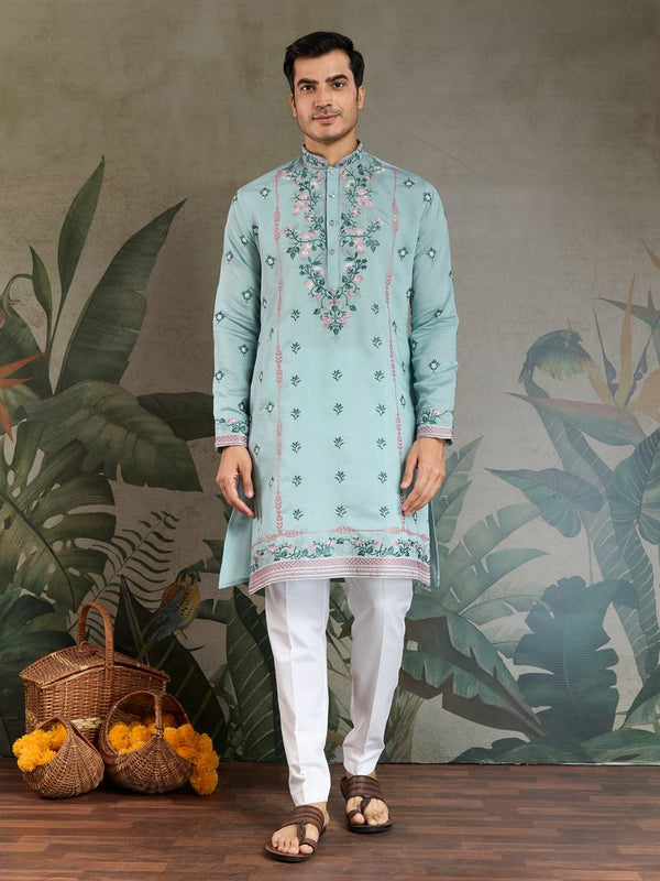 Sky Blue Embroidered Viscose Silk Kurta – Ready to Wear