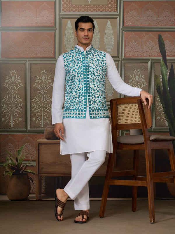White Kurta & Bottom with Teal Green Jacket | Silk Real Mirror Work with Thread & Sequin Embroidery | Festive & Wedding Wear - Designer Men's Kurta Set with Koti Jacket