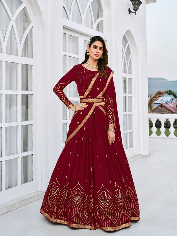 Maroon Georgette Thread with Sequence Embroidered Work