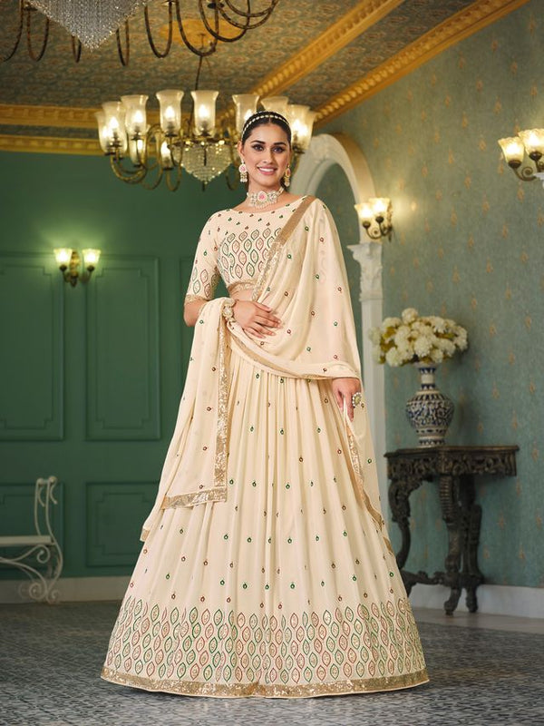 Beige Georgette Thread with Sequence Embroidered Work