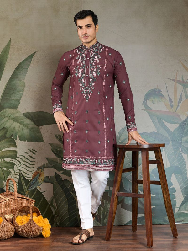 Cocoa Brown (Pastel Chocolate) Embroidered Viscose Silk Kurta – Ready to Wear