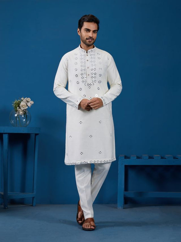 WHITE REAL MIRROR WORK WITH THREADS VISCOSE SLIK- DESIGNER MENS KURTA