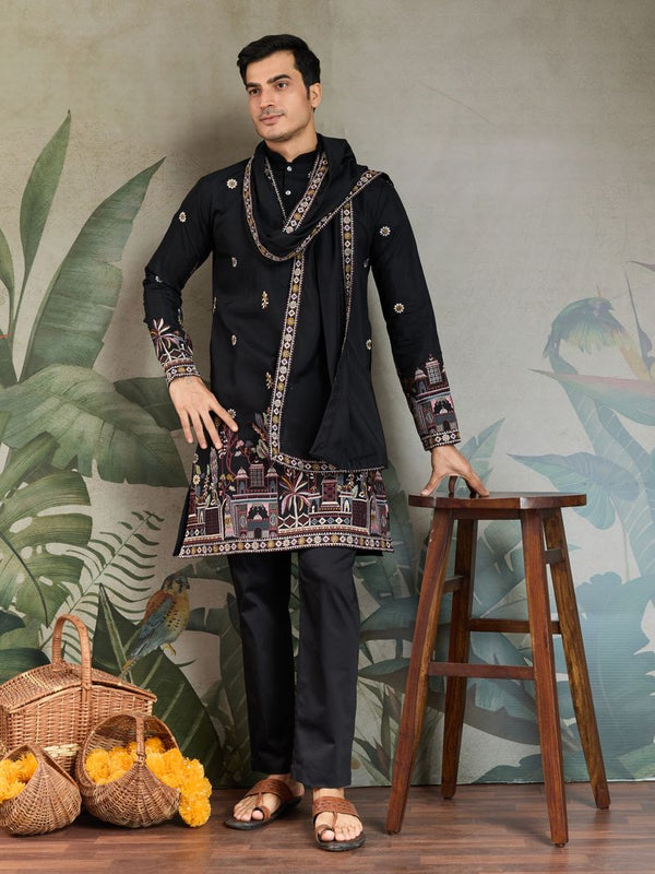 Black Designer Viscose Silk Men's Kurta with Embroidered Dupatta