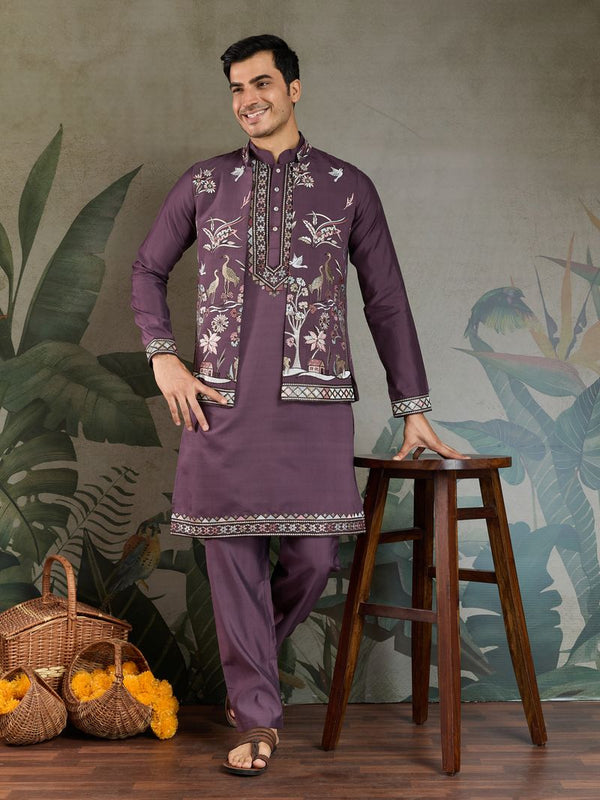 Rust Purple Kurta Koti Set