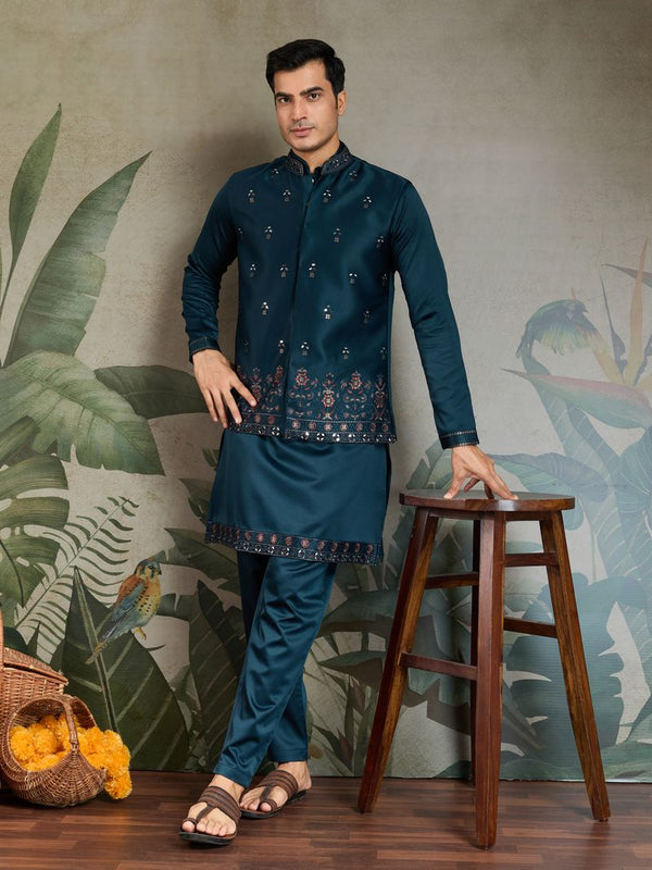 Royal Teal Blue Ethnic Set in Premium Silk with Mirror Work