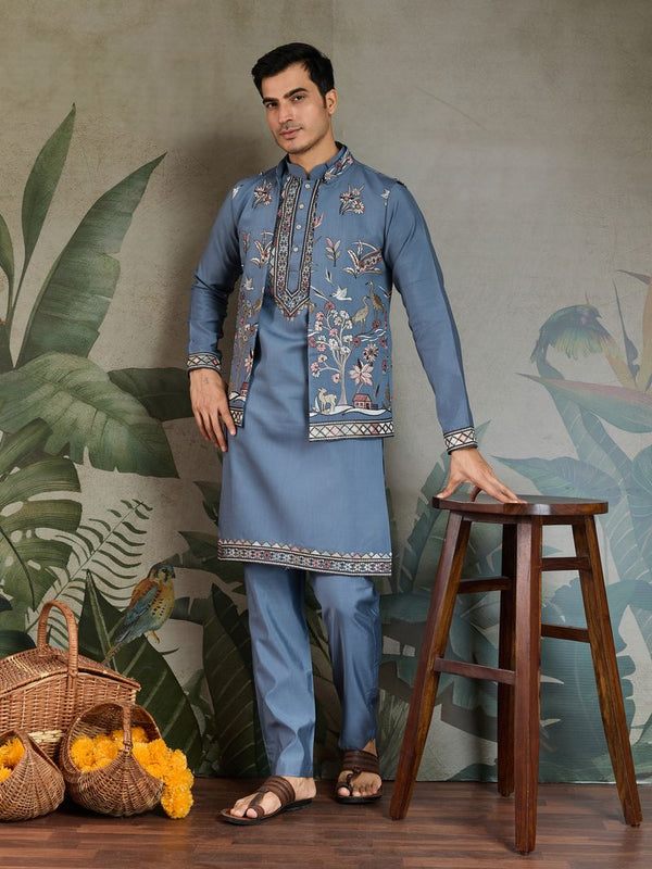 Blue Gray Embroidered Kurta Set