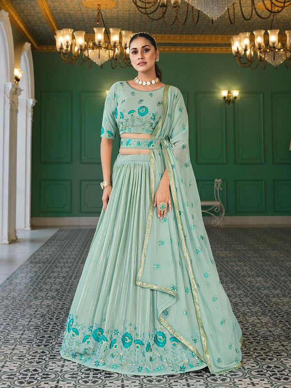 Pista Green Georgette Thread with Sequence Embroidered Work