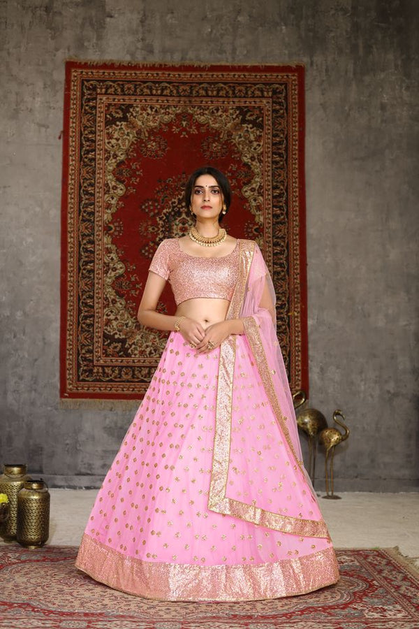 Pink Net Sequence Embroidered Work