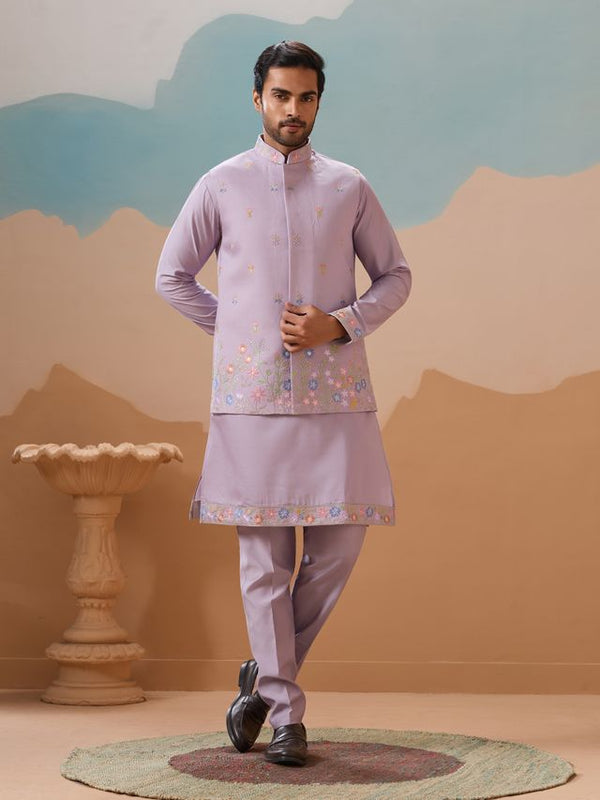 Lavender Multi Thread with Sequence Embroidered Work VISCOSE SILK - Designer Men's Kurta