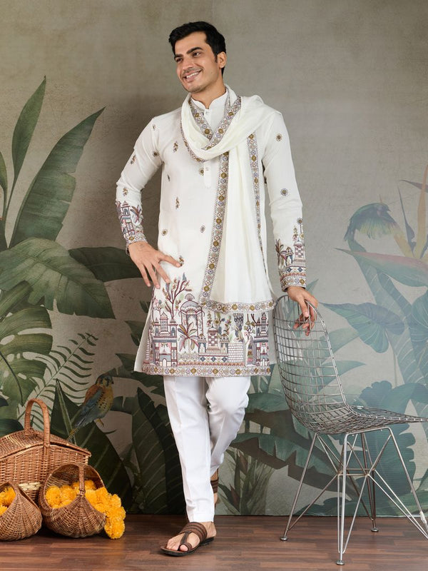 White Designer Viscose Silk Men's Kurta with Embroidered Dupatta