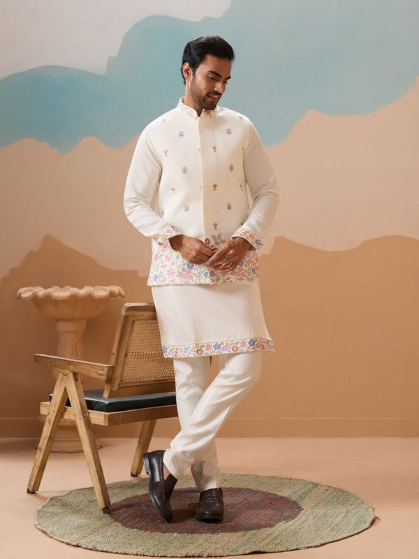 White Multi Thread with Sequence Embroidered Work VISCOSE SILK - Designer Men's Kurta