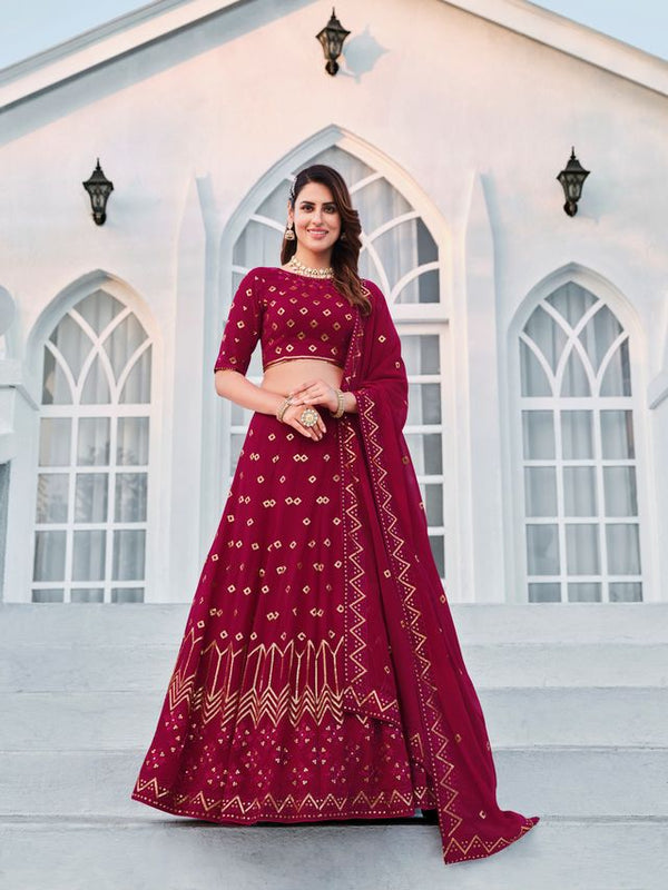 Deep Pink Georgette Thread with Sequence Embroidered Work