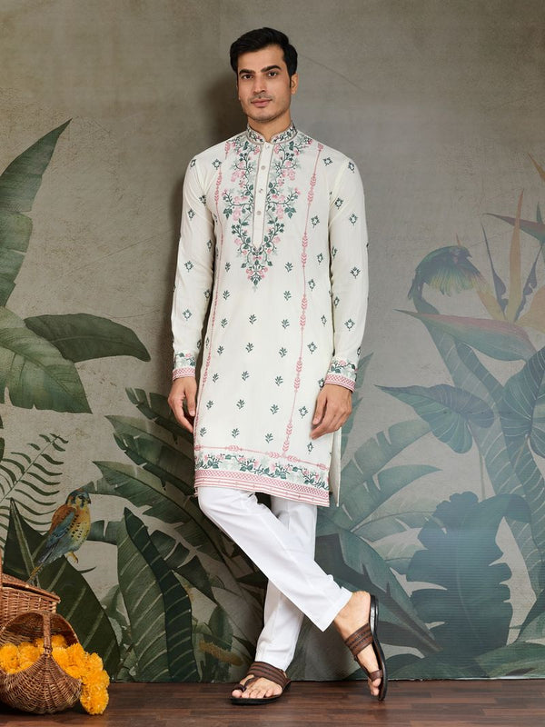 Pure White Embroidered Viscose Silk Kurta – Ready to Wear