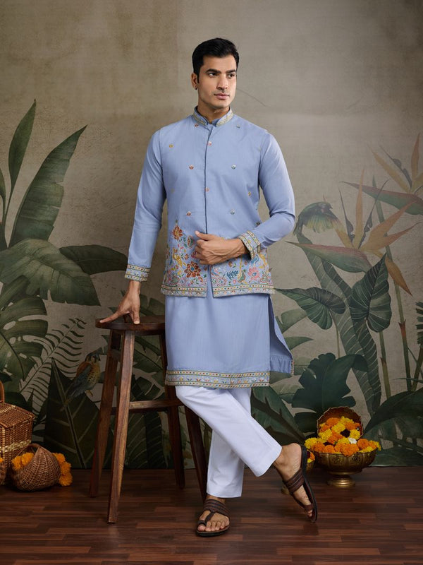 Designer Men's Kurta with Koti Jacket (Sky Blue)