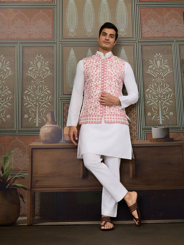 White Kurta & Bottom with Pink Jacket | Silk Real Mirror Work with Thread & Sequin Embroidery | Festive & Wedding Wear - Designer Men's Kurta Set with Koti Jacket