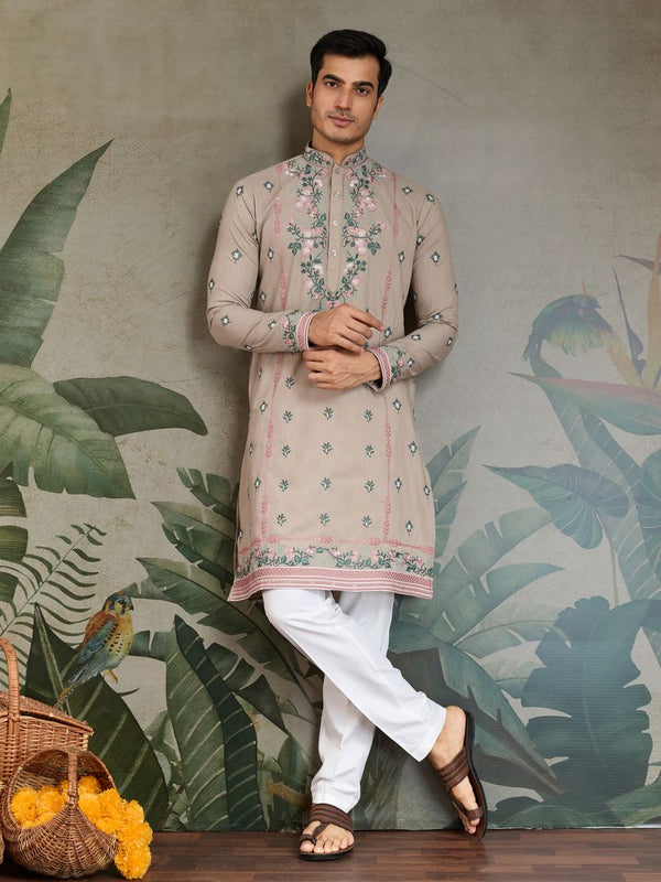 Off White (Ivory) Embroidered Viscose Silk Kurta – Ready to Wear