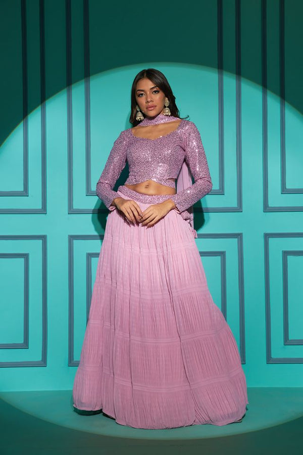 Dusty Pink Georgette Plitting Pattern Thread with Sequence Embroidered Work