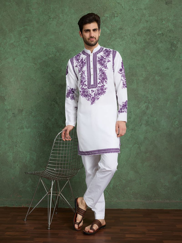 White & Purple Digital Print Rayon Kurta