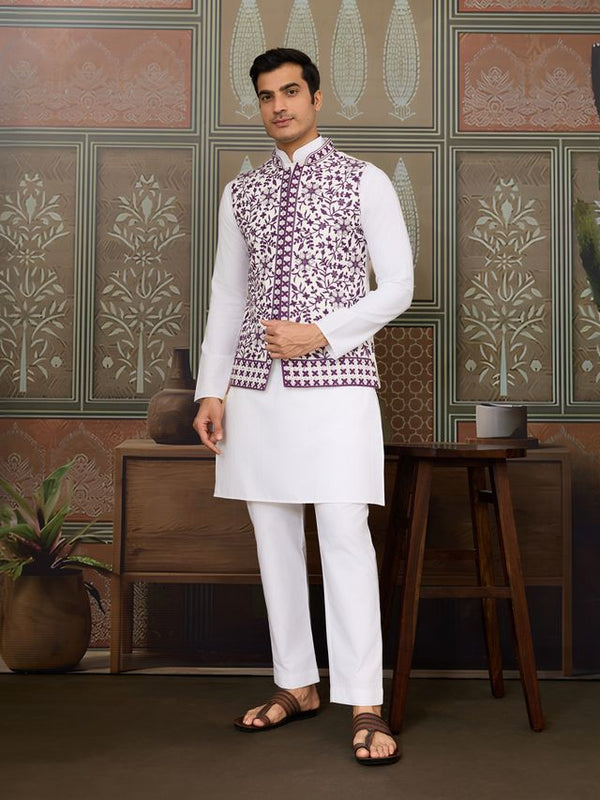 White Kurta & Bottom with Purple Jacket | Silk Real Mirror Work with Thread & Sequin Embroidery | Festive & Wedding Wear - Designer Men's Kurta Set with Koti Jacket