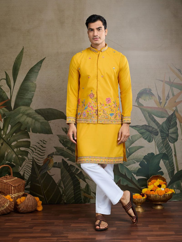 Designer Men's Kurta with Koti Jacket (Yellow)