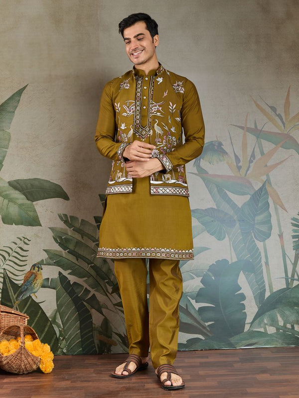 Golden Olive Silk Ethnic Set