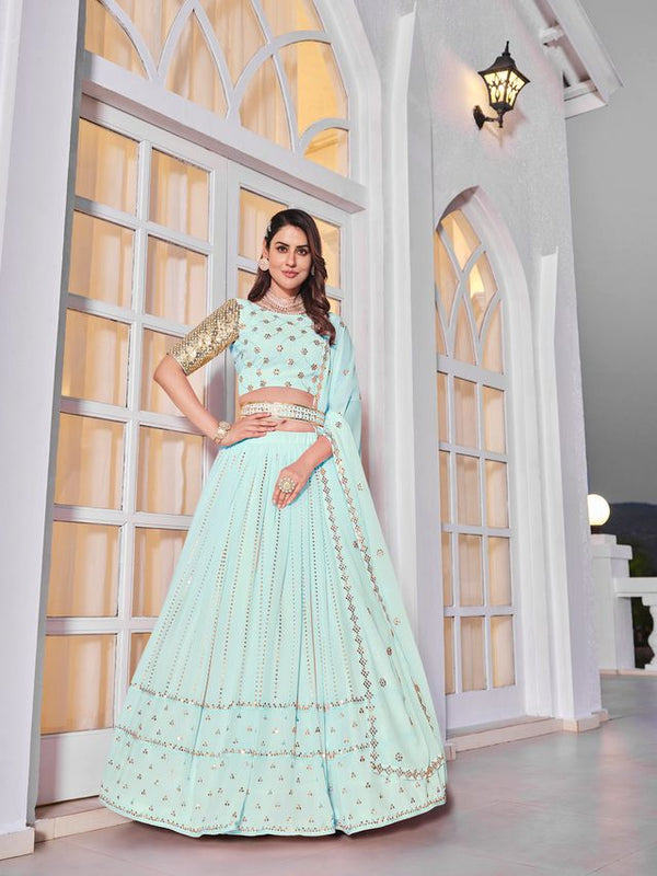 Sky Georgette Thread with Sequence Embroidered Work