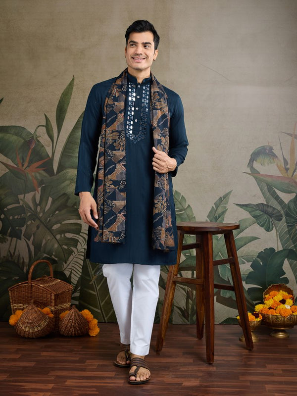 Teal Blue Viscose Silk Kurta Set with Mirror & Jari Work
