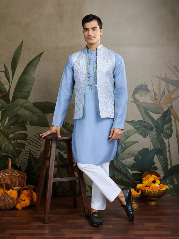 Designer Kurta Koti Set – Mirror Embroidery & Jacquard