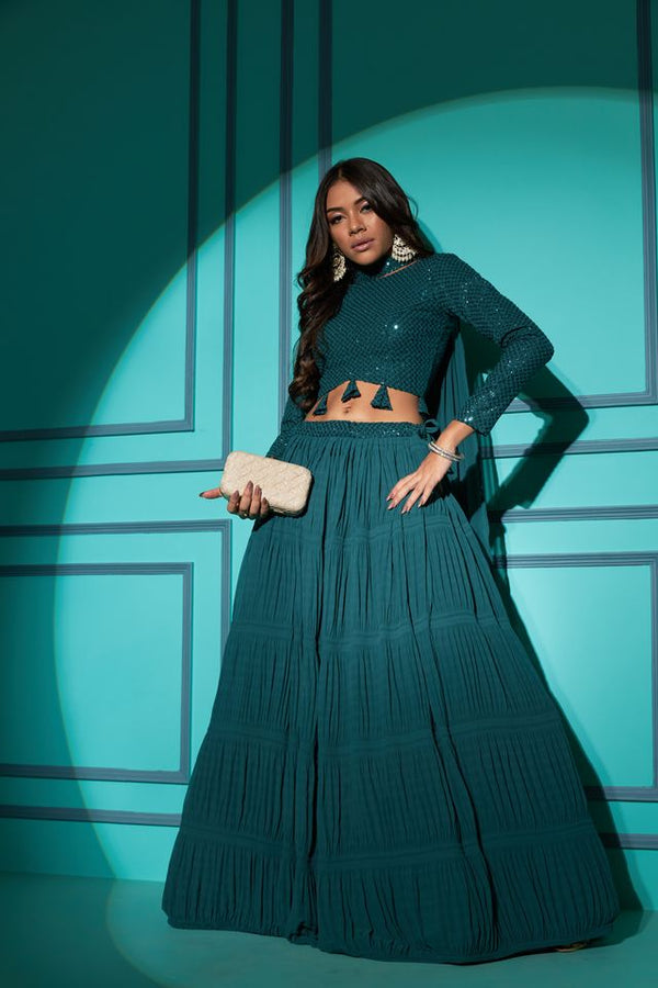 Pista Green Georgette Plitting Pattern Thread with Sequence Embroidered Work