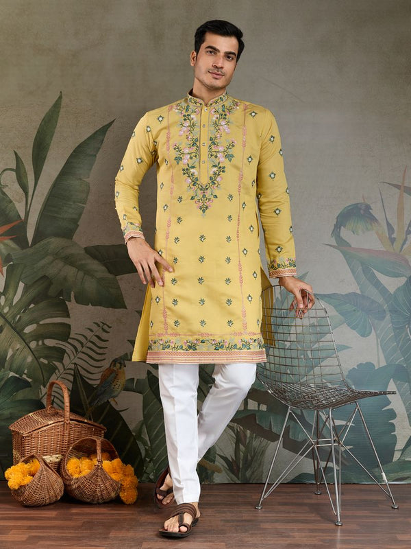 Mustard Yellow Embroidered Viscose Silk Kurta – Ready to Wear