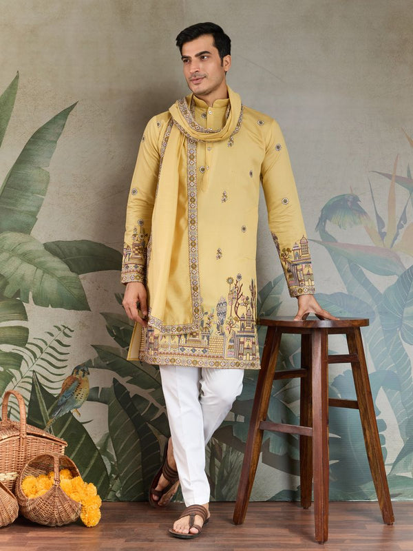 Yellow Designer Viscose Silk Men's Kurta with Embroidered Dupatta