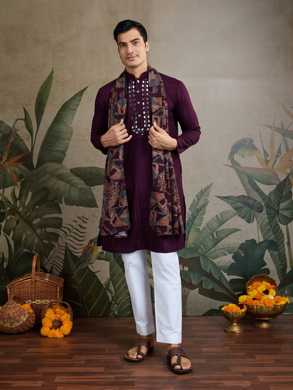 Purple Viscose Rayon Men's Kurta Set with Mirror & Jari Work