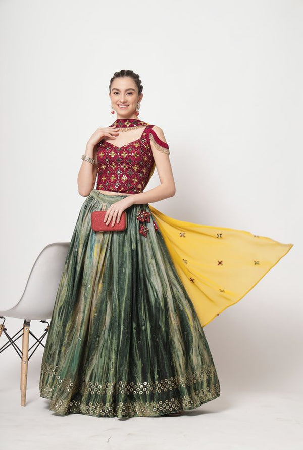 Green Chinon Silk Georgette Fancy  Net Print with Sequence Work Thread with Sequence Embroidered Work