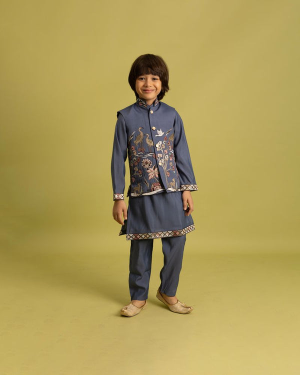 Blue Grey Mini Ethenic Kids Ware Special Koti- Kurta With Pent