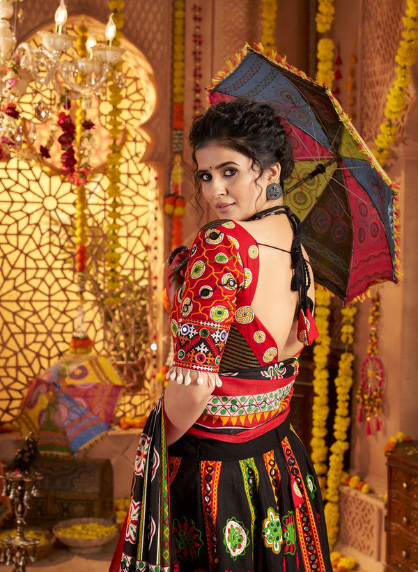 Black & Red Organic Cotton Lehenga Set with Aari & Foil Work