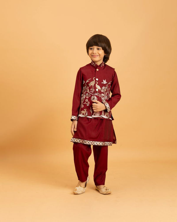 Maroon Mini Ethenic Kids Ware Special Koti- Kurta With Pent
