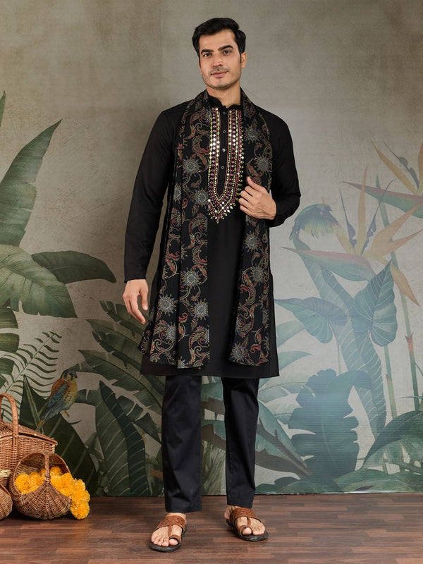 Black Mirror Work Kurta with Foil Print Dupatta