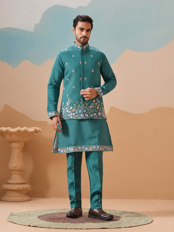 Rama Green Multi Thread with Sequence Embroidered Work VISCOSE SILK - Designer Men's Kurta
