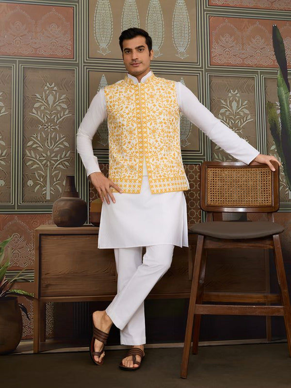 White Kurta & Bottom with Yellow Jacket | Silk Real Mirror Work with Thread & Sequin Embroidery | Festive & Wedding Wear - Designer Men's Kurta Set with Koti Jacket