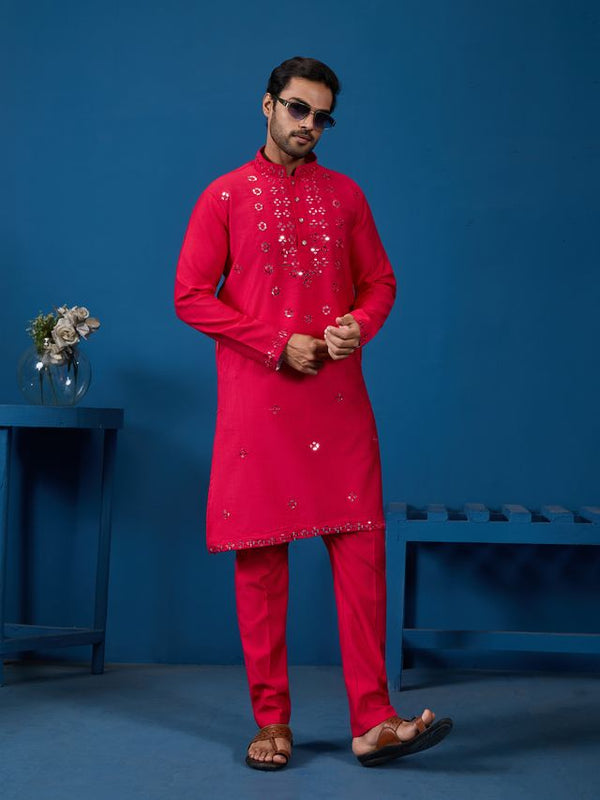 RANI PINK REAL MIRROR WORK WITH THREADS VISCOSE SLIK- DESIGNER MENS KURTA