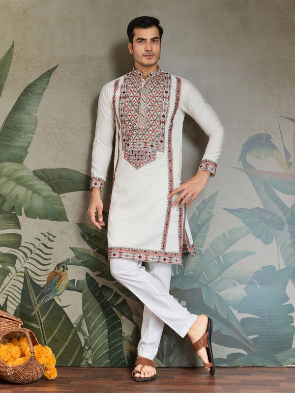 Designer White Viscose Silk Kurta for Men
