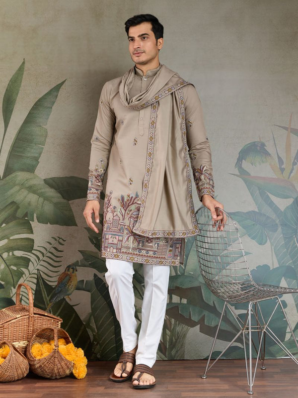 Ivory Viscose Silk Designer Kurta Set with Embroidered Dupatta