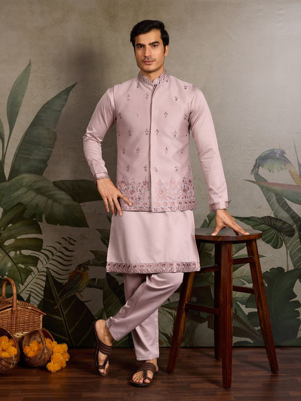 Light Pink Silk Kurta Set with Mirror & Thread Embroidery