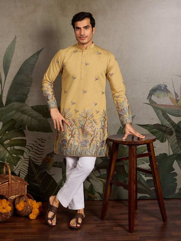 Yellow Viscose Silk with Thread & Sequin Embroidery - Designer Men's Kurta