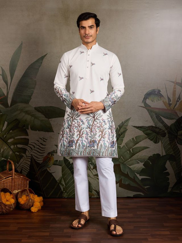 White Viscose Silk with Thread & Sequin Embroidery - Designer Men's Kurta