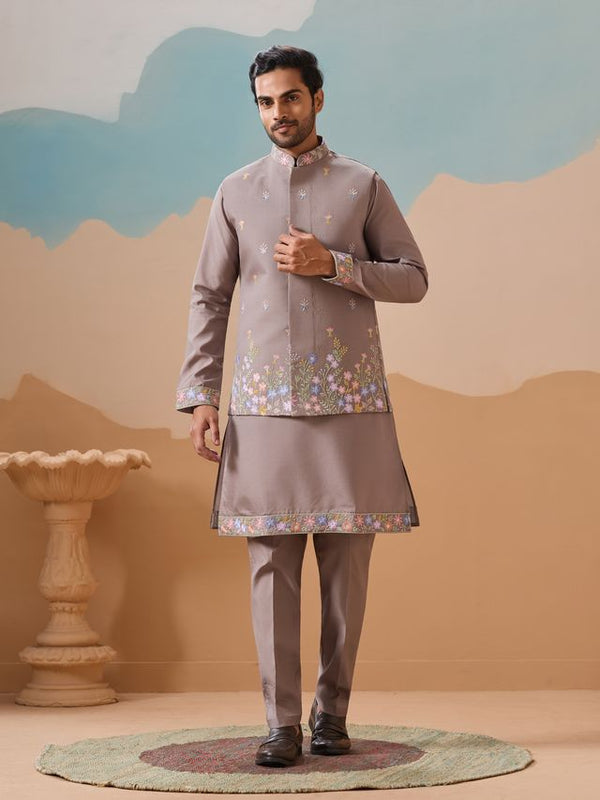 Grey Multi Thread with Sequence Embroidered Work VISCOSE SILK - Designer Men's Kurta