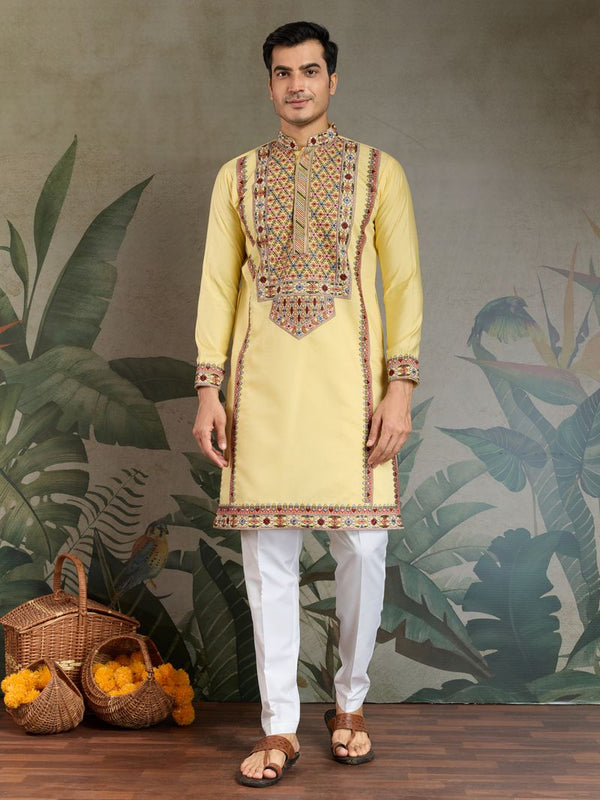 Designer Yellow Viscose Silk Kurta for Men