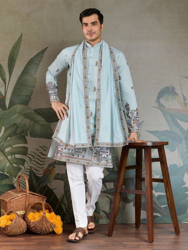 Sky Blue Designer Viscose Silk Men's Kurta with Embroidered Dupatta