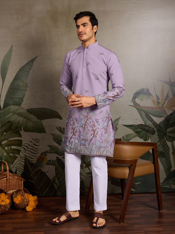 Lavender Viscose Silk with Thread & Sequin Embroidery - Designer Men's Kurta